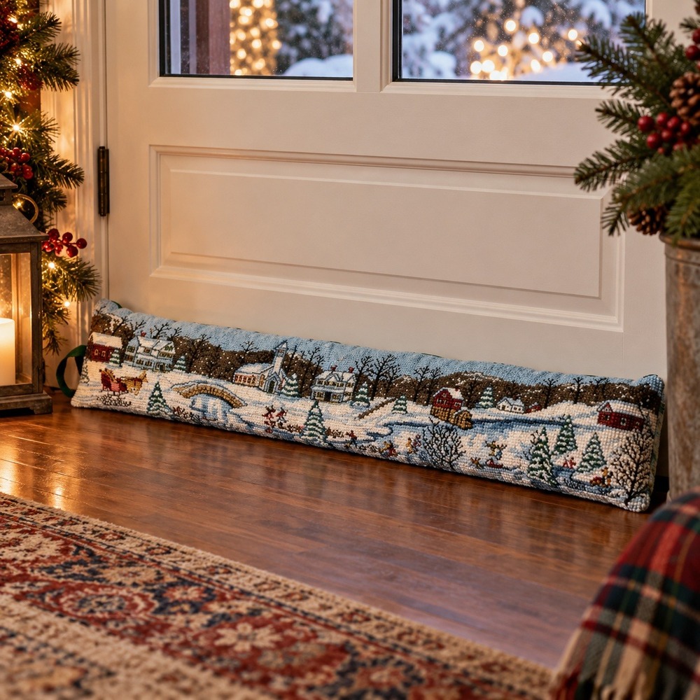 Door Draft Stopper Blue Winter Village Tapestry Needlepoint Cottagecore 33"